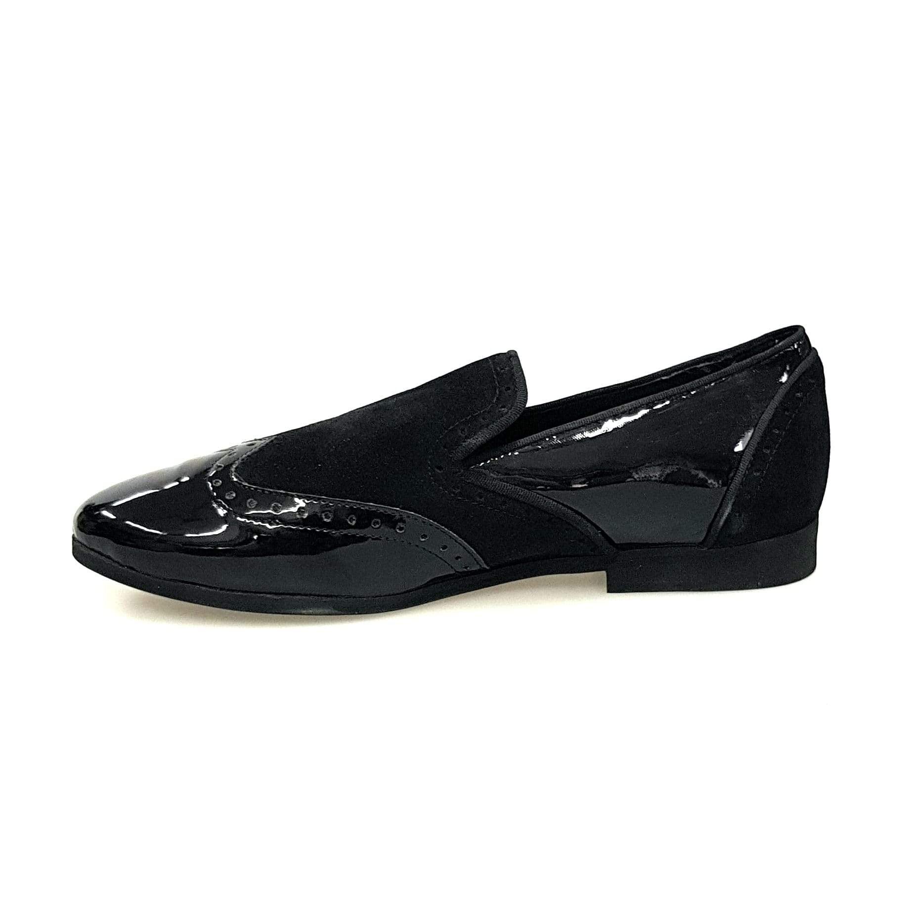 Mocassino uomo in vernice nera e camoscio nero, stile elegante, con suola in gomma, marca Wish Dance Shop.