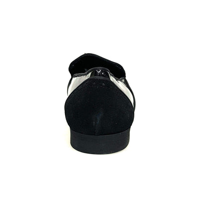 Mocassino uomo in vernice e camoscio nero di Wish Dance Shop, dettagli eleganti e finitura lucida e morbida.