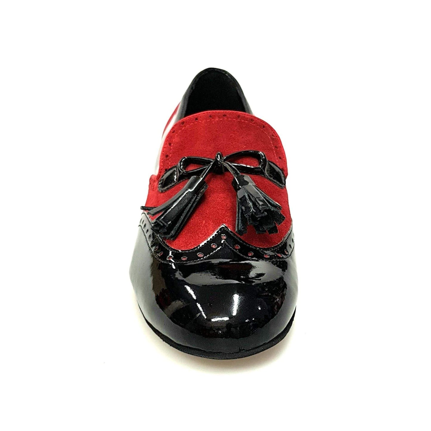 Mocassino da uomo Morgan Wish Dance Shop in vernice nera e camoscio rosso, con suola in gomma e design elegante.