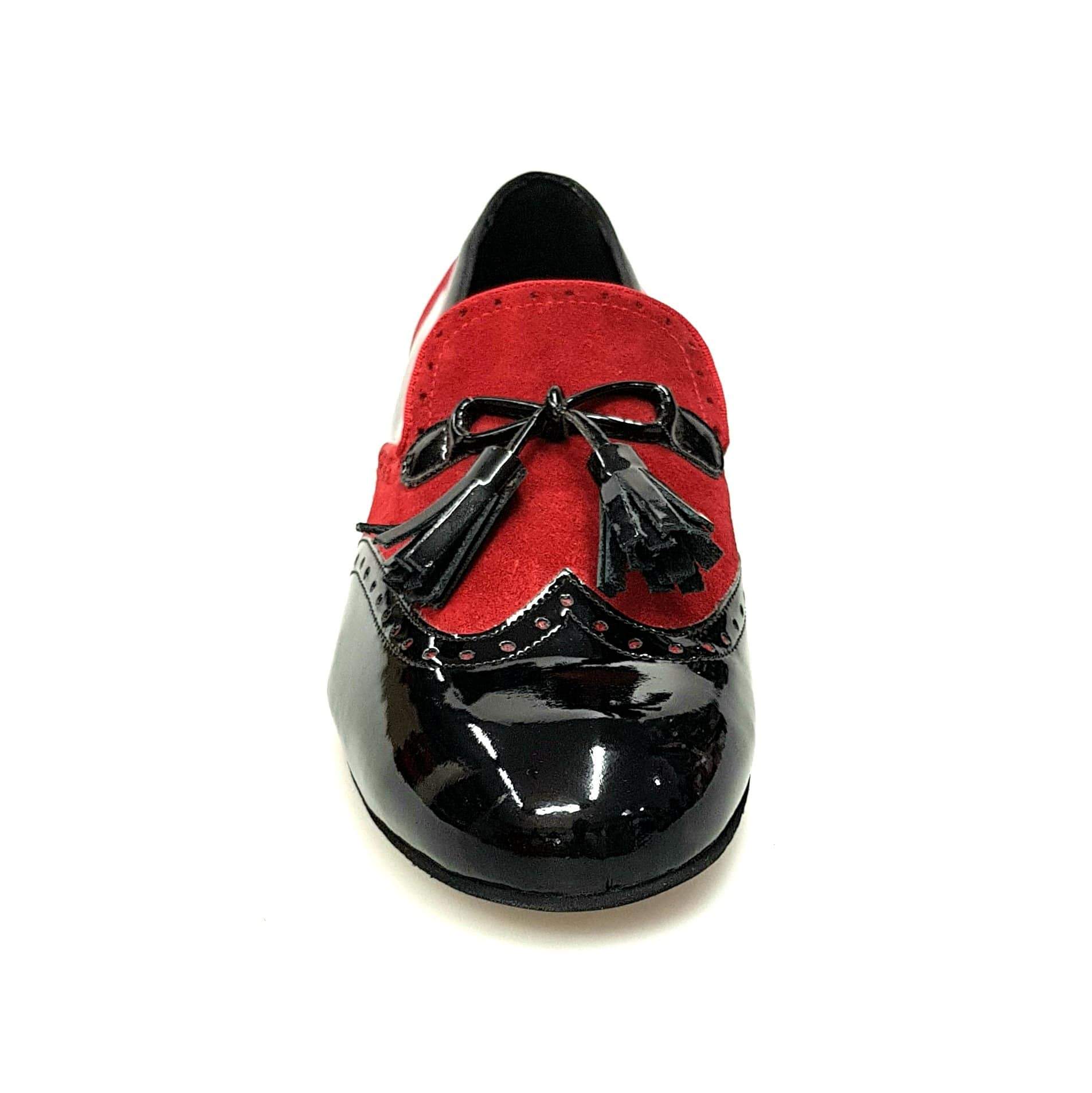 Mocassino da uomo Morgan Wish Dance Shop in vernice nera e camoscio rosso, con suola in gomma e design elegante.