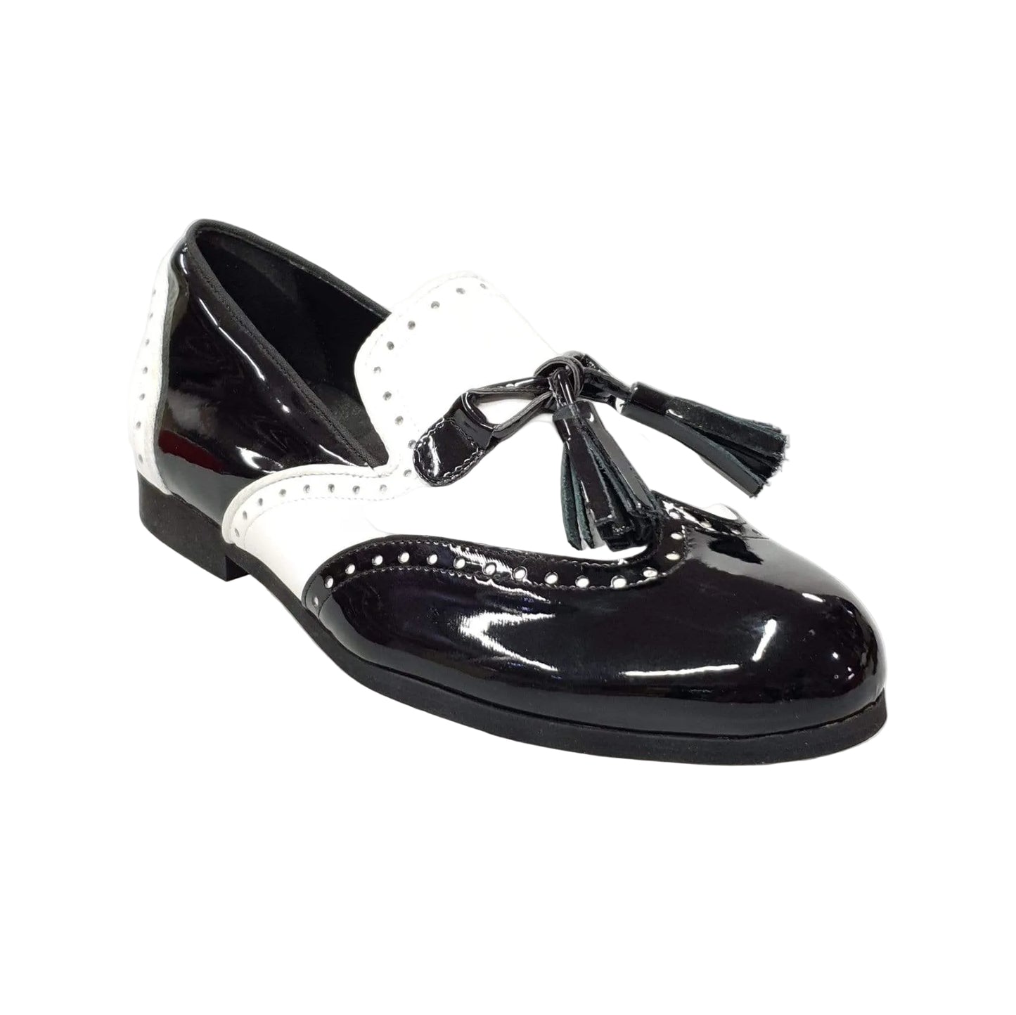 Scarpa da uomo Morgan Wish Dance Shop in vernice nera e pelle bianca, mocassino elegante con dettagli raffinati.