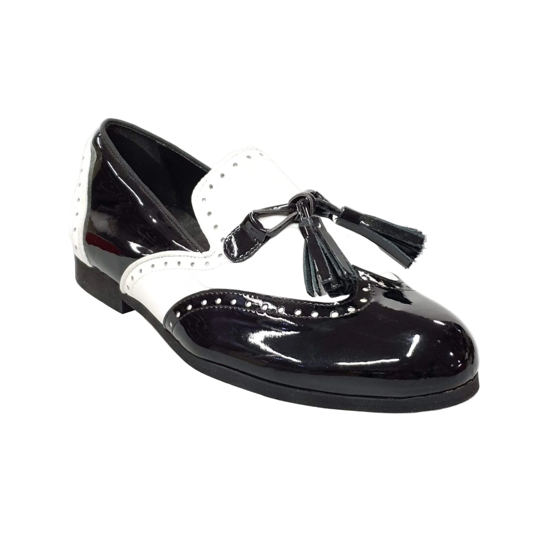 Scarpa da uomo Morgan Wish Dance Shop in vernice nera e pelle bianca, mocassino elegante con dettagli raffinati.