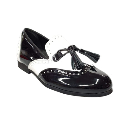 Scarpa da uomo Morgan Wish Dance Shop in vernice nera e pelle bianca, mocassino elegante con dettagli raffinati.