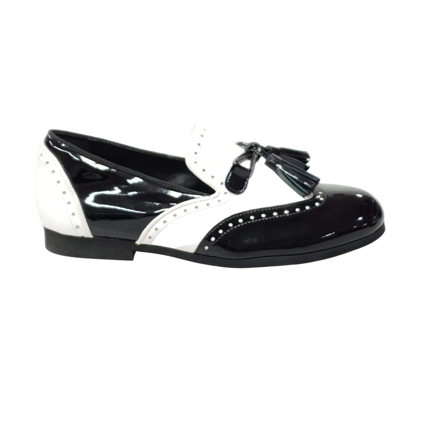 Scarpa da uomo Morgan Wish Dance Shop in vernice nera e pelle bianca, mocassino elegante con dettagli lucidi e classici.