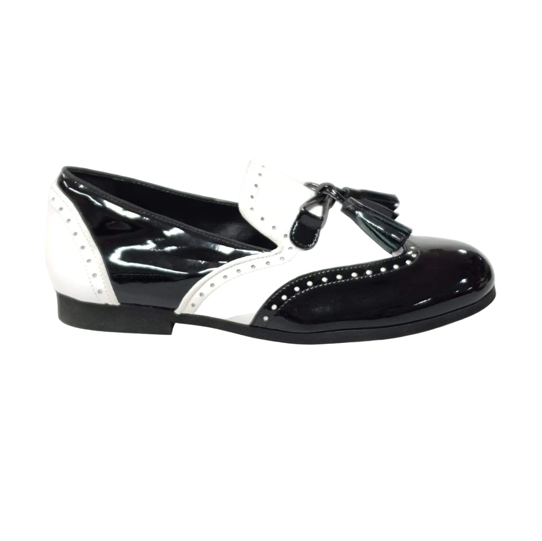 Scarpa da uomo Morgan Wish Dance Shop in vernice nera e pelle bianca, mocassino elegante con dettagli lucidi e classici.