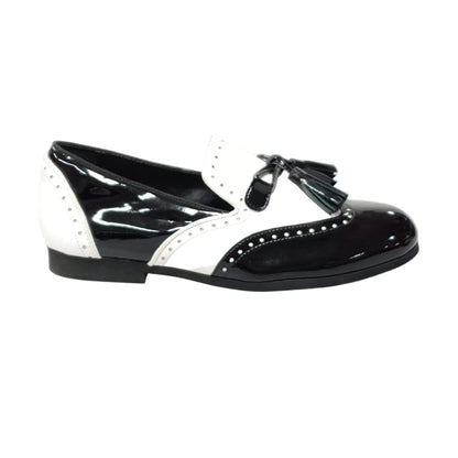 Scarpa da uomo Morgan Wish Dance Shop in vernice nera e pelle bianca, mocassino elegante con dettagli lucidi e classici.