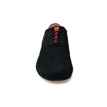Scarpa uomo Milano KIZMI Oxford in camoscio nero con profilo rosso, chiusura con ricamo Kizmi rosso, forma tonda