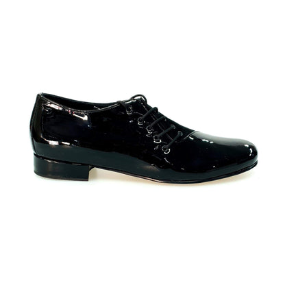 Scarpa da uomo Franco MS19 in vernice nera e camoscio nero, con forma tonda, scarpa stringata elegante.