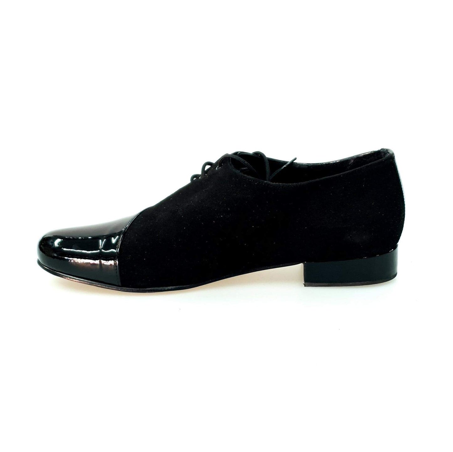 Scarpa da uomo Franco MS19 in vernice nera e camoscio nero, stringata con forma tonda, brand Wish Dance Shop.