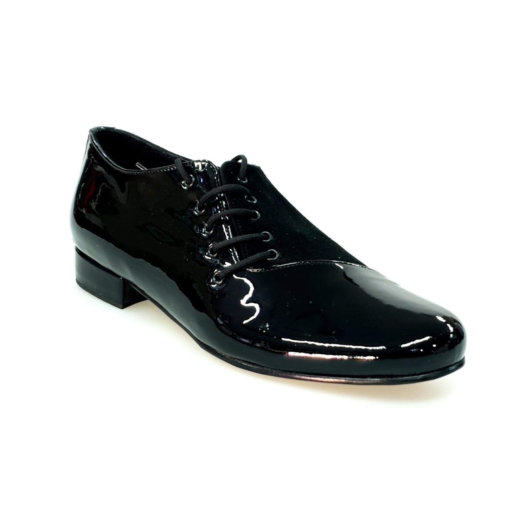Scarpa da uomo Franco MS19 in vernice nera e camoscio nero, con design stringato e forma tonda, stile elegante e classico