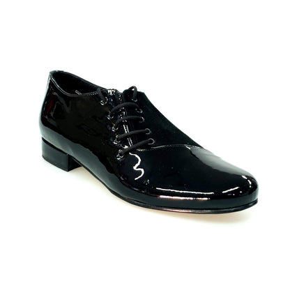 Scarpa da uomo Franco MS19 in vernice nera e camoscio nero, con design stringato e forma tonda, stile elegante e classico