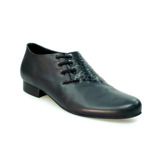 Scarpa da uomo Franco MS19 in pelle nera e cocco nero, con forma tonda e dettagli eleganti, brand Wish Dance Shop