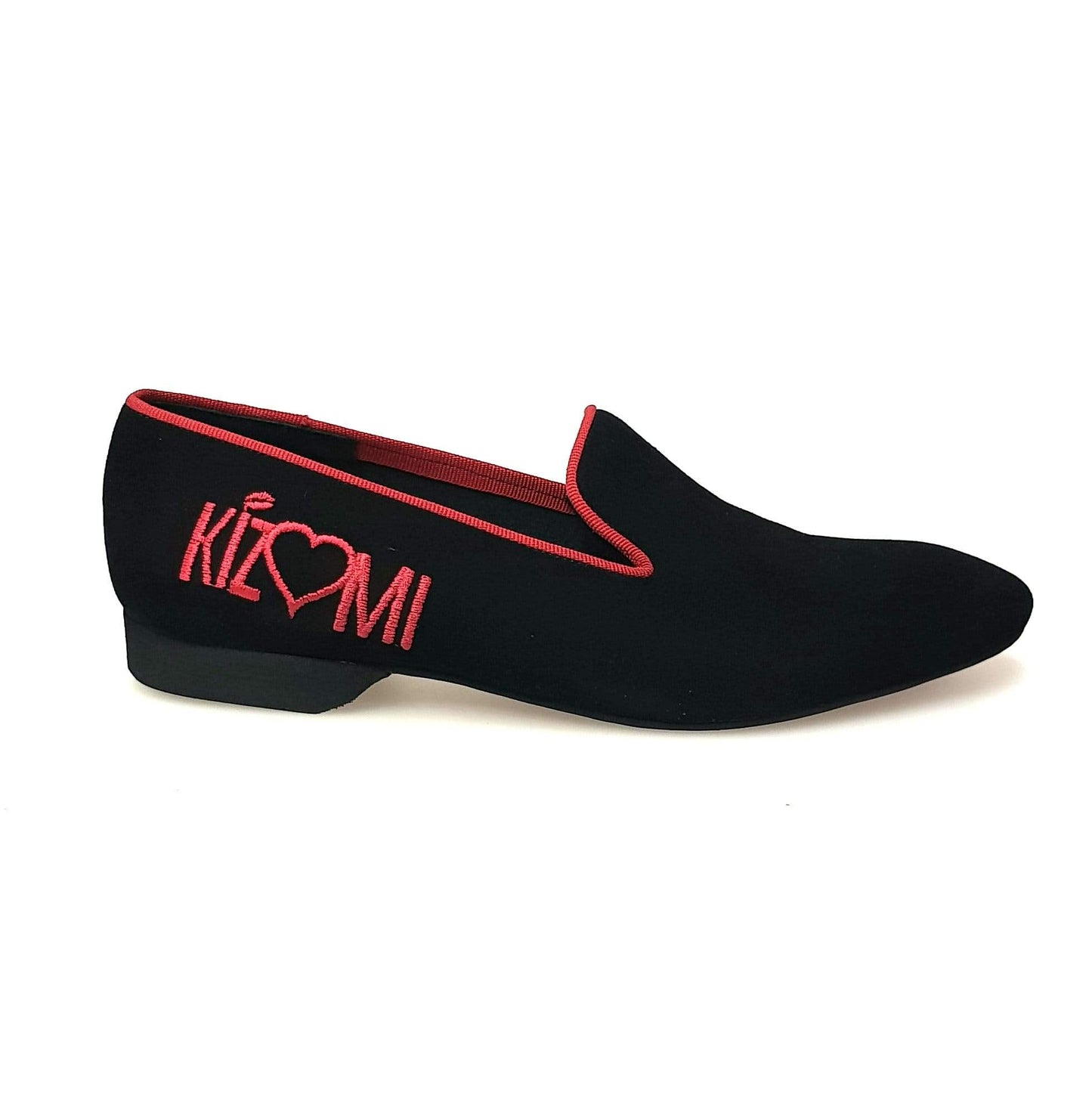 Mocassino in camoscio nero Barone Nero (MS20) KIZMI con profilo rosso e ricamo, forma lunga, calzature Wish Dance Shop