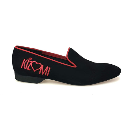 Mocassino in camoscio nero Barone Nero (MS20) KIZMI con profilo rosso e ricamo, forma lunga, calzature Wish Dance Shop