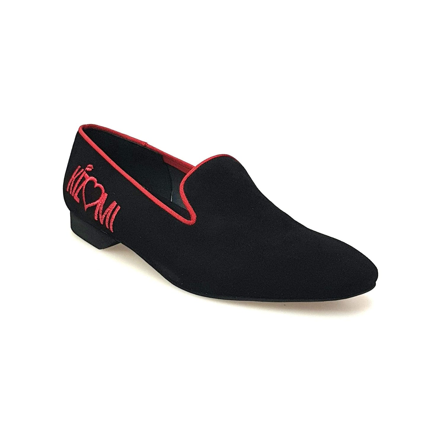 Mocassino in camoscio nero Barone Nero (MS20) KIZMI con profilo rosso e ricamo, forma lunga, scarpe eleganti donna.