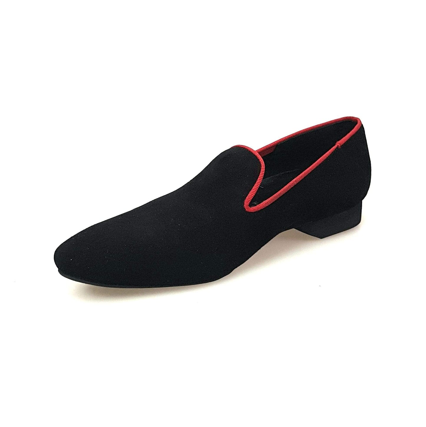 Mocassino in camoscio nero Barone Nero (MS20) KIZMI con profilo rosso e ricamo, forma lunga, marca Wish Dance Shop