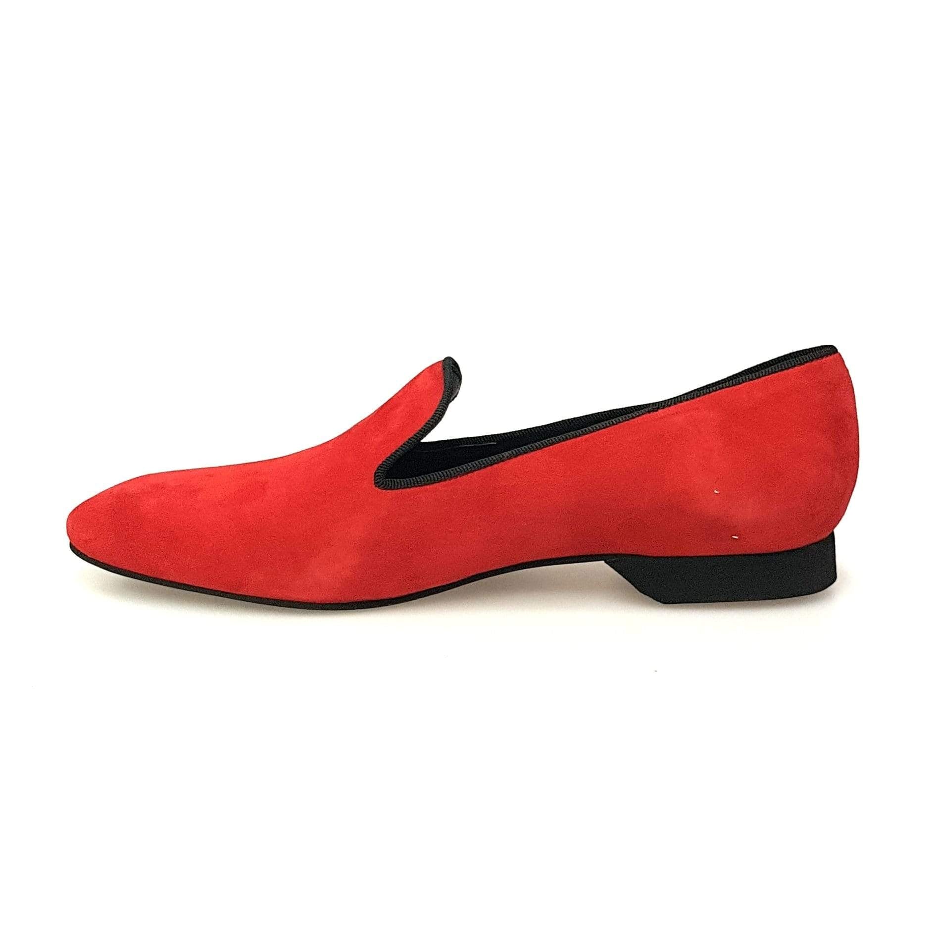 Scarpa da uomo KIZMI Barone Rosso MS20 in camoscio rosso con profilo nero e ricamo, forma lunga, Wish Dance Shop