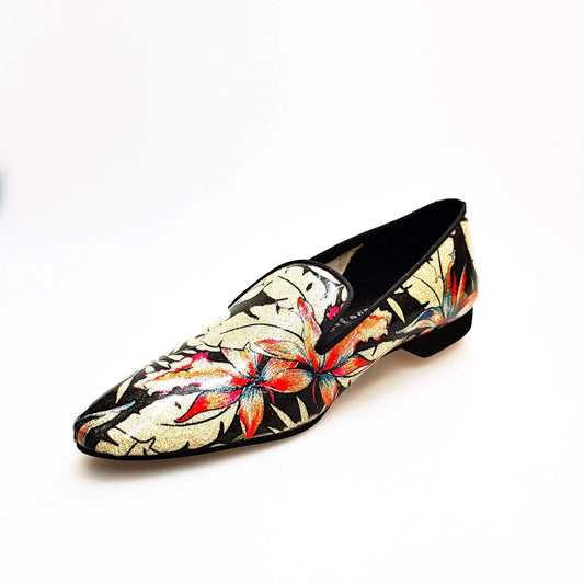 Mocassino da uomo Pasiòn MS20 in metallo tridimensionale Fleur Oro, profilato nero, forma lunga, scarpe Wish Dance Shop