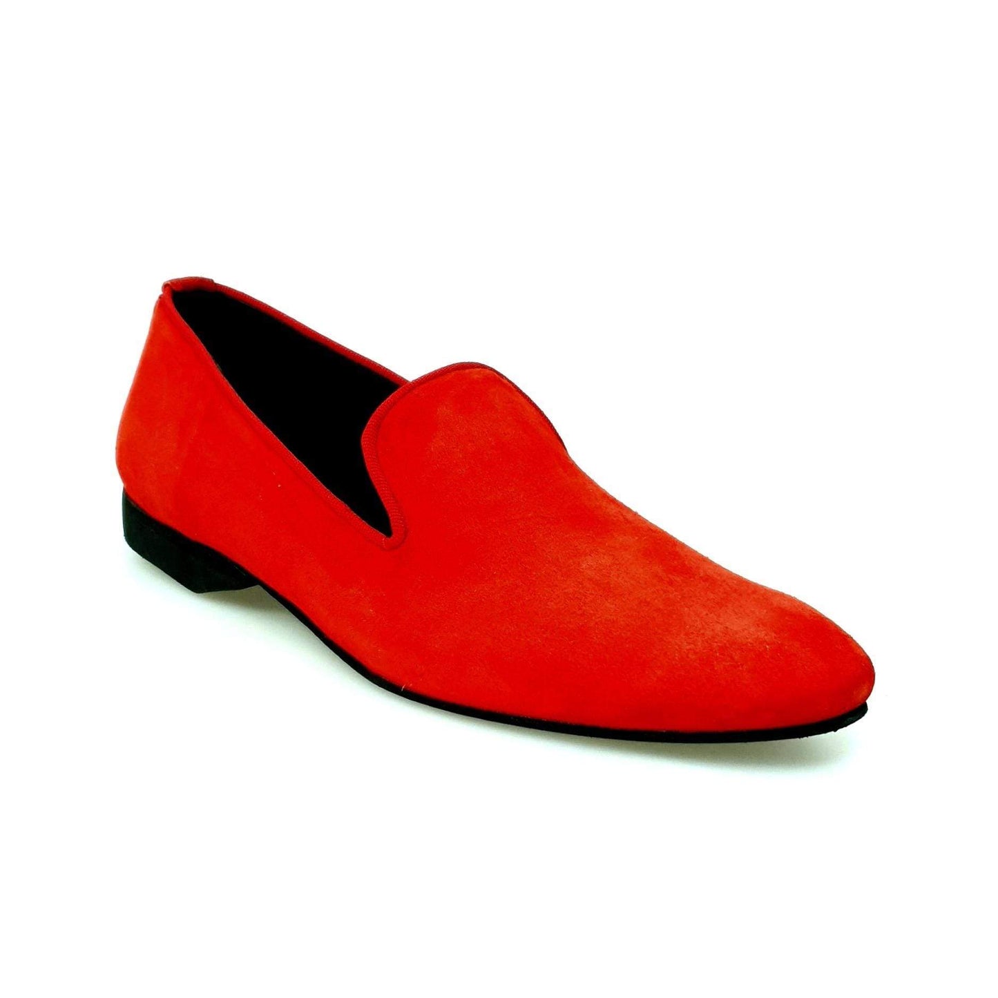 Mocassino da uomo Boris MS20 in camoscio rosso con profili rossi, tacco in micro, forma lunga, scarpa elegante in camoscio.