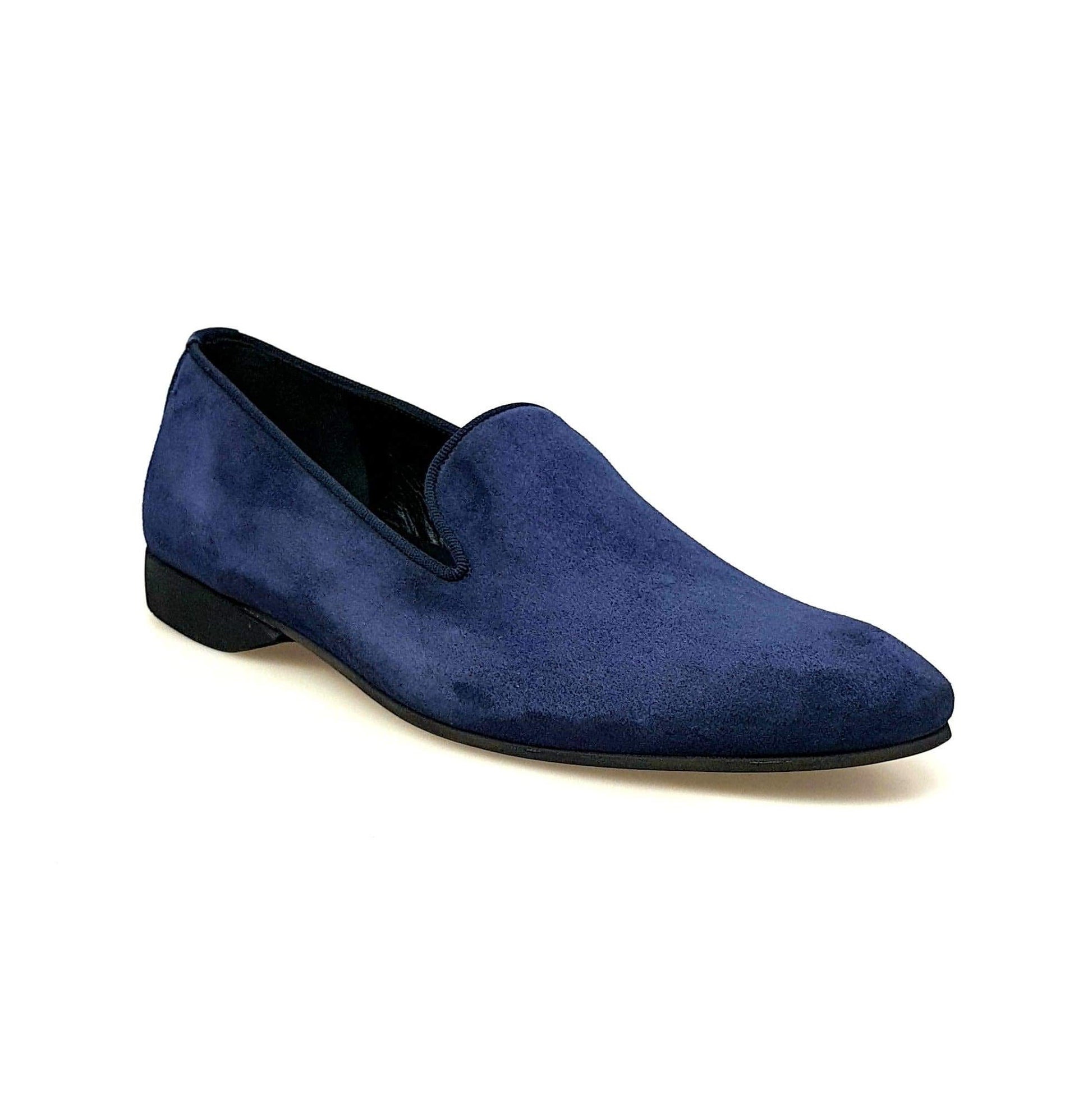 Mocassino da uomo Boris MS20 in camoscio blu notte con punta lunga, scarpa elegante in stile classico.