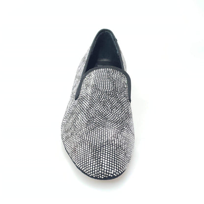Mocassino da uomo Zeus MS20 in camoscio nero con borchiette argentate e dettagli a stampa pitone, forma lunga, Wish Dance Shop