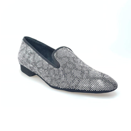 Mocassino da uomo Zeus MS20 in camoscio nero con borchiette silver e disegno pitone, scarpa elegante in stile lungo.