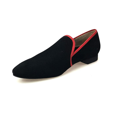 Mocassino in camoscio nero Venturi MS21 Kizmi con bordo rosso e ricamo rosso, forma lunga, scarpe Wish Dance Shop
