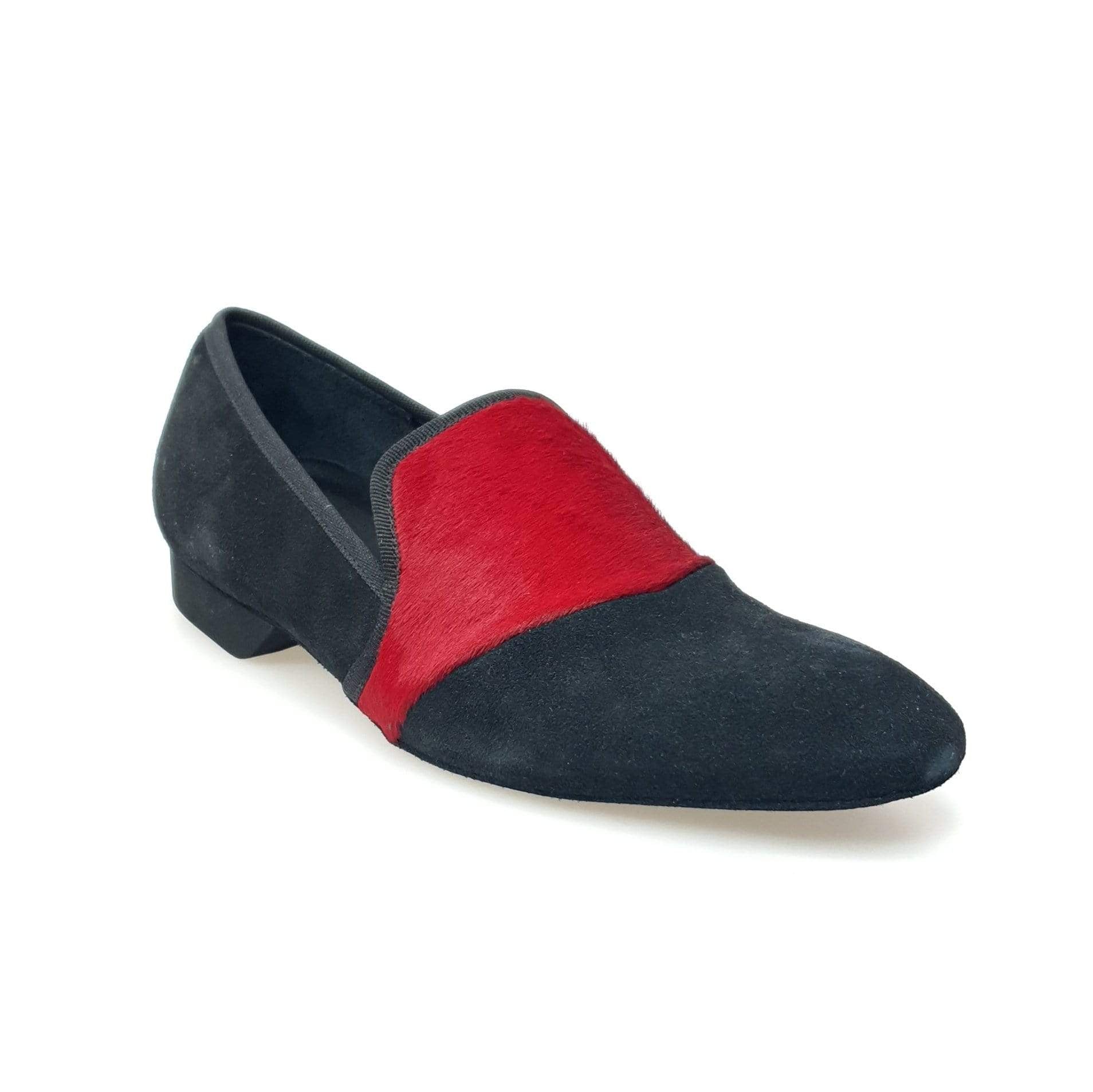 Mocassino da uomo Aaron MS22 in camoscio nero e cavallino rosso, forma lunga, scarpa elegante Wish Dance Shop