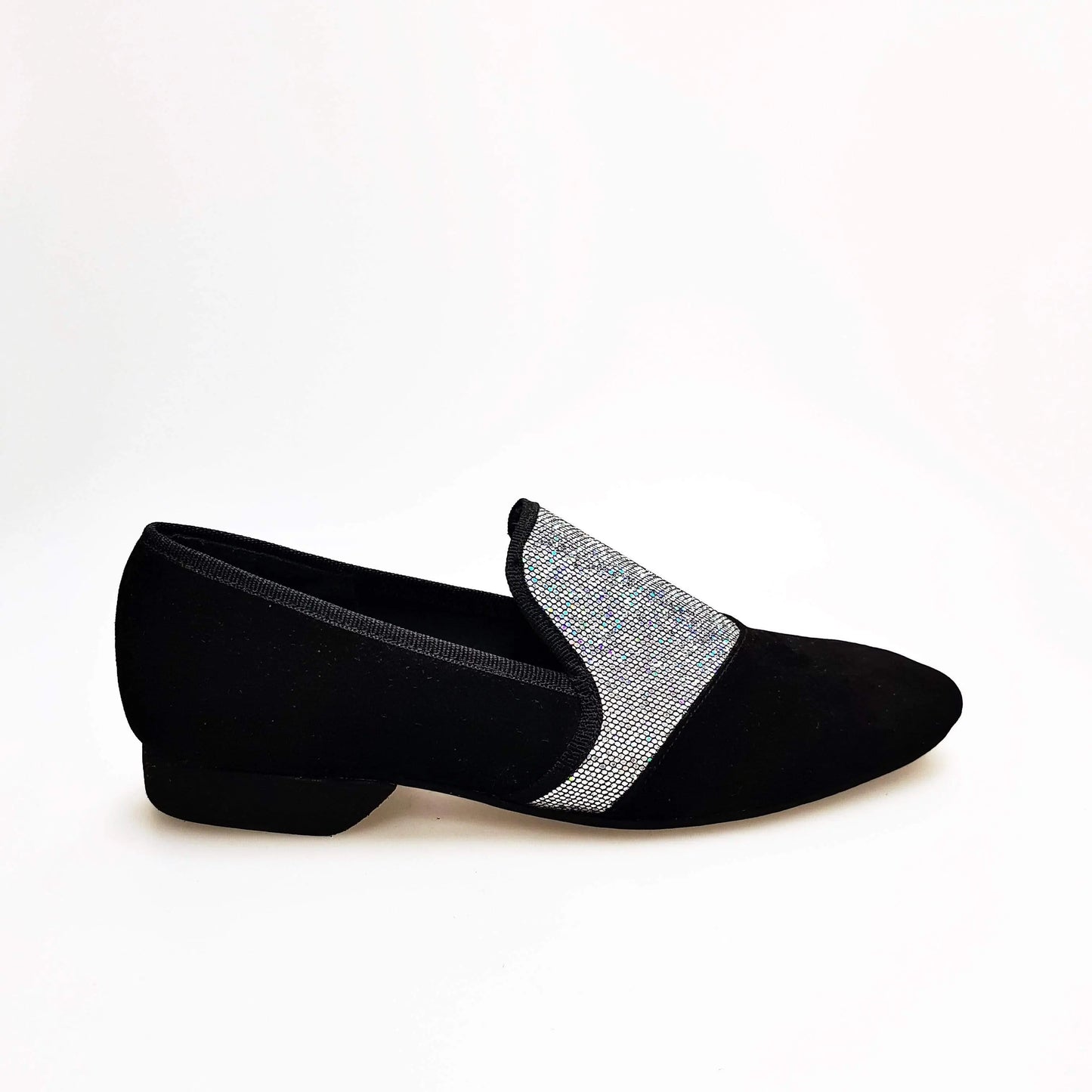 Scarpa mocassino da uomo Aaron MS22 in camoscio nero con dettagli in tessuto boreale argento, forma lunga, Wish Dance Shop