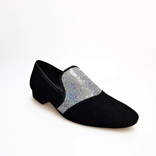 Scarpa mocassino uomo Aaron (MS22) in camoscio nero con dettagli in tessuto boreale argento, forma lunga, Wish Dance Shop