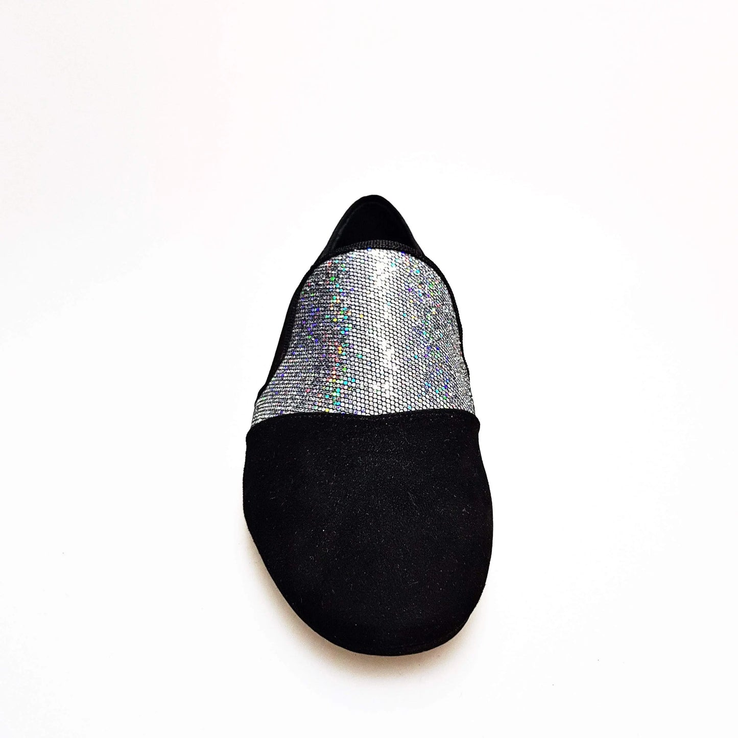Mocassino da uomo Aaron MS22 in camoscio nero con dettagli in tessuto boreale argento, forma lunga, scarpa elegante Wish Dance Shop