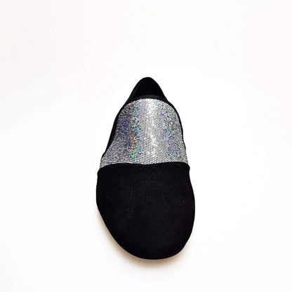 Mocassino da uomo Aaron MS22 in camoscio nero con dettagli in tessuto boreale argento, forma lunga, scarpa elegante Wish Dance Shop