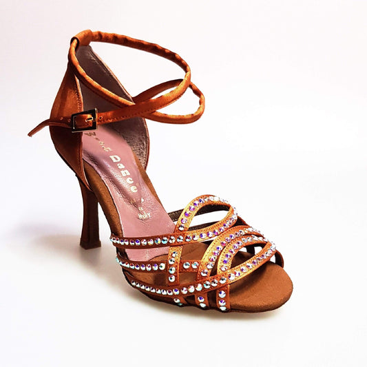 Scarpa da Donna Raso Seta Bronzo Cinturino Doppio Incrociato Sulla Caviglia Swarovski Boreali Parziale solo, vista laterale