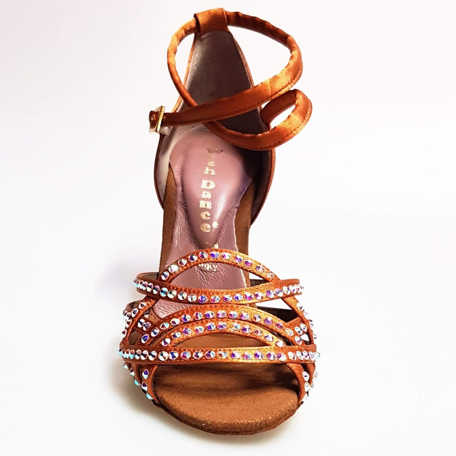 Scarpa da donna Wish Dance Shop Onda QB (BI-Flex) con raso, cinturino doppio, Swarovski, tacco stiletto quadrato, bronzo.