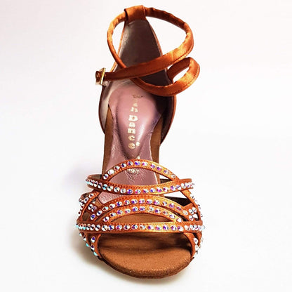 Scarpa da donna Wish Dance Shop Onda QB (BI-Flex) con raso, cinturino doppio, Swarovski, tacco stiletto quadrato, bronzo.