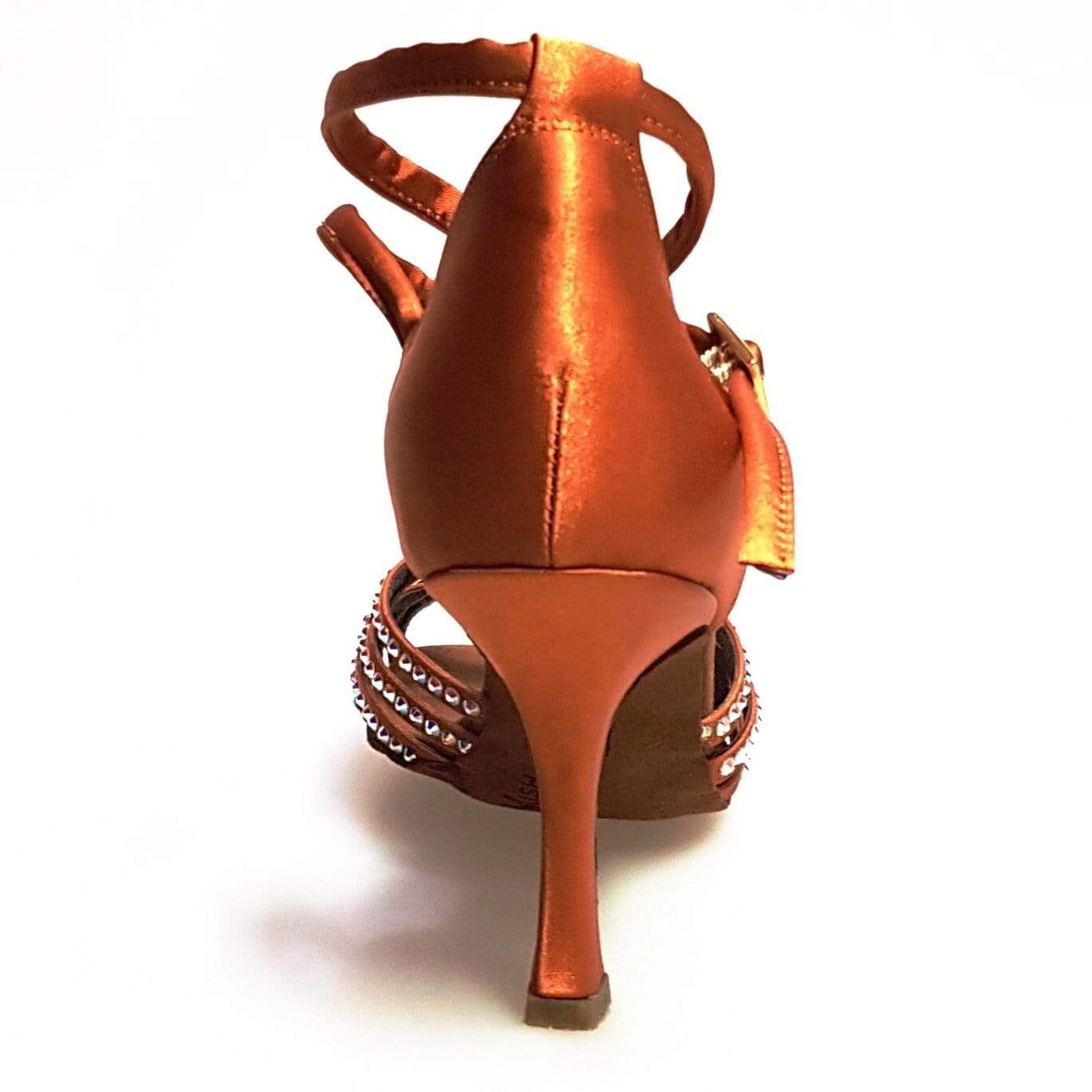 Scarpa da donna Wish Dance Shop Onda QB BI-Flex in raso bronzo con cinturino doppio incrociato e dettagli Swarovski, tacco squadrato.