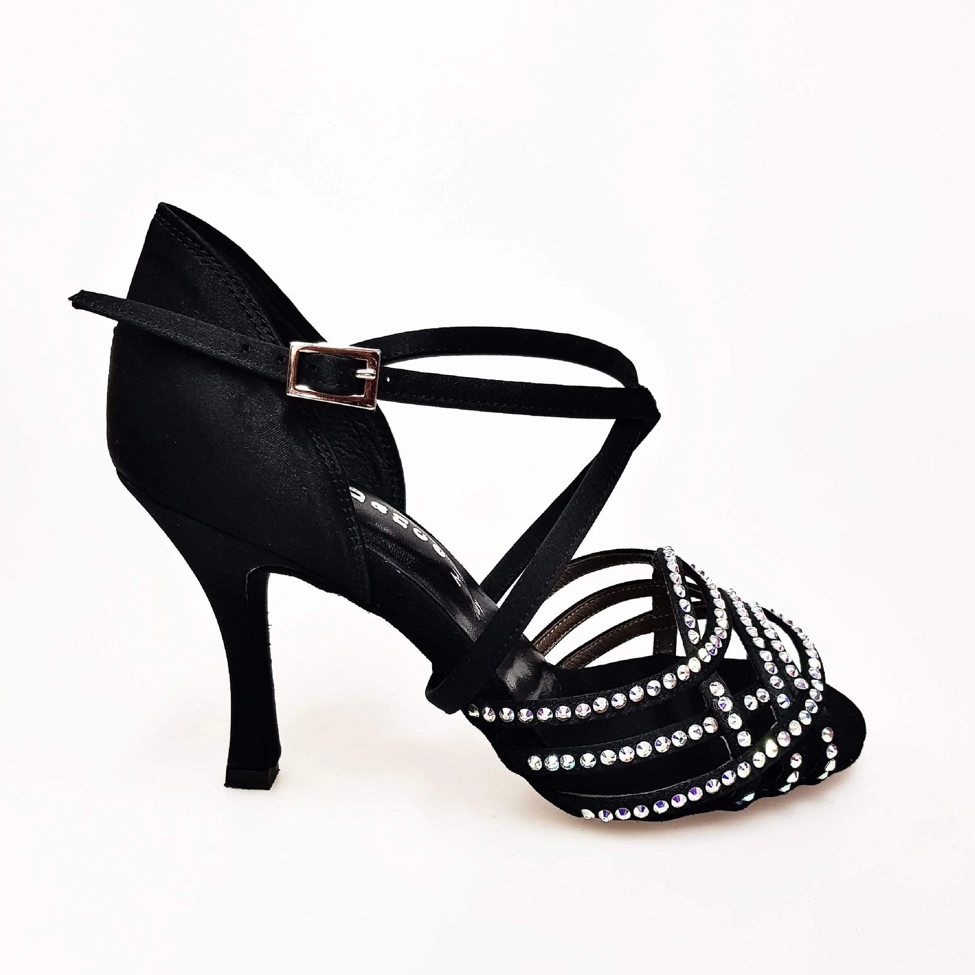 Scarpa da donna Wish Dance Shop Onda QC (BI-Flex) in raso nero con cinturino incrociato, dettagli Swarovski e tacco a rocchetto.