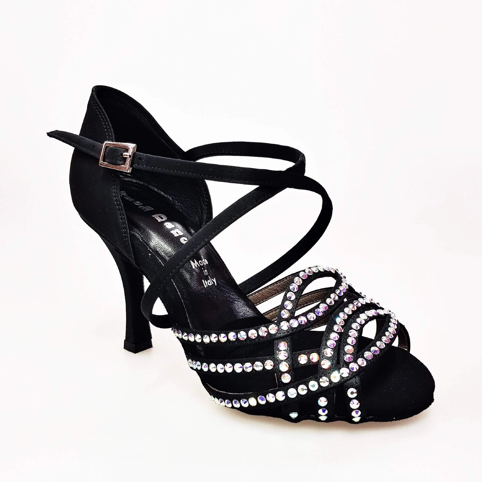 Scarpa da donna Onda QC BI-Flex Marylu in raso di seta nera con cinturino incrociato, dettagli Swarovski e tacco rocchetto.