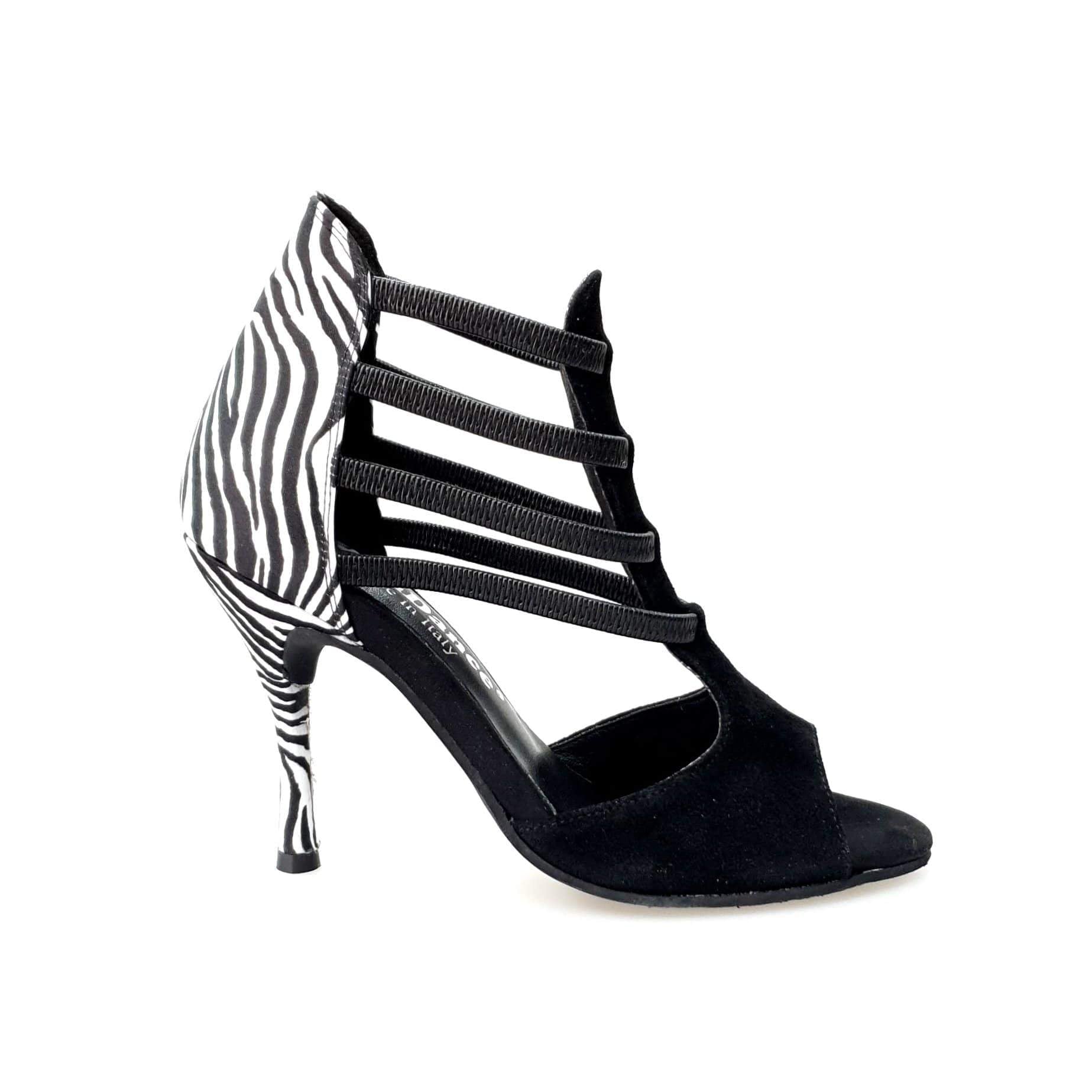 Sandalo da donna Night Zebra Wish Dance Shop in camoscio nero, tacco a spillo rivestito in raso seta zebrato e elastici neri.