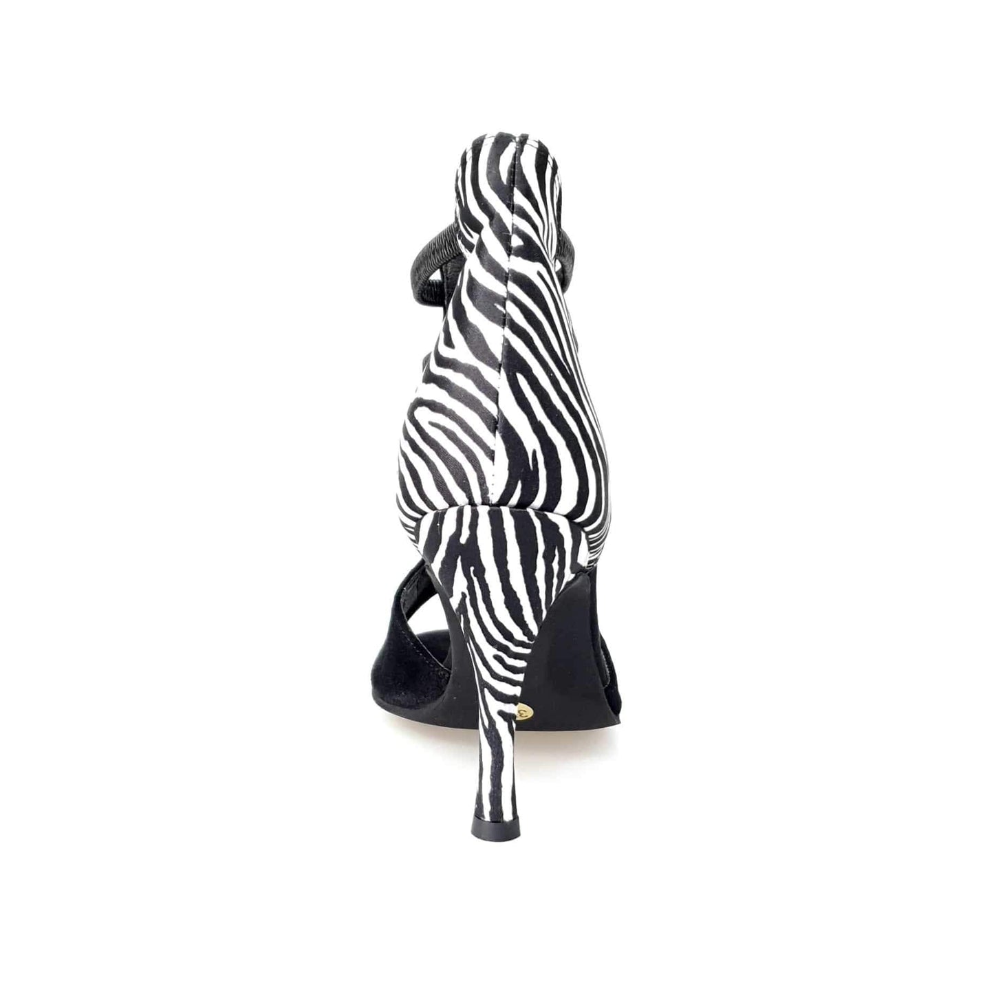 Sandalo da donna Night Zebra in camoscio nero con tacco rivestito in raso seta zebrato e dettagli elastici neri.