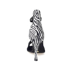 Load image into Gallery viewer, Night Zebra (460PW) - Woman&#39;s Sandal in Black Suede with black elastics with Zebra Silk Satin Heel and stiletto heel covered in zebra silk satin
