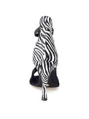 Carica immagine nella Galleria, Night Zebra (460PW) - Sandalo da Donna in Camoscio Nero elastici neri con Tallone in Raso seta Zebrato e tacco a spillo rivestito in raso seta zebrato
