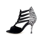 Load image into Gallery viewer, Night Zebra (460PW) - Woman&#39;s Sandal in Black Suede with black elastics with Zebra Silk Satin Heel and stiletto heel covered in zebra silk satin
