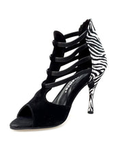 Carica immagine nella Galleria, Night Zebra (460PW) - Sandalo da Donna in Camoscio Nero elastici neri con Tallone in Raso seta Zebrato e tacco a spillo rivestito in raso seta zebrato
