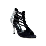 Load image into Gallery viewer, Night Zebra (460PW) - Woman&#39;s Sandal in Black Suede with black elastics with Zebra Silk Satin Heel and stiletto heel covered in zebra silk satin
