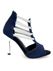 Load image into Gallery viewer, West Blu (460PW) - Woman&#39;s Sandal in Blue Jeans Fabric with Silver Elastics and Silver laminated stiletto heel
