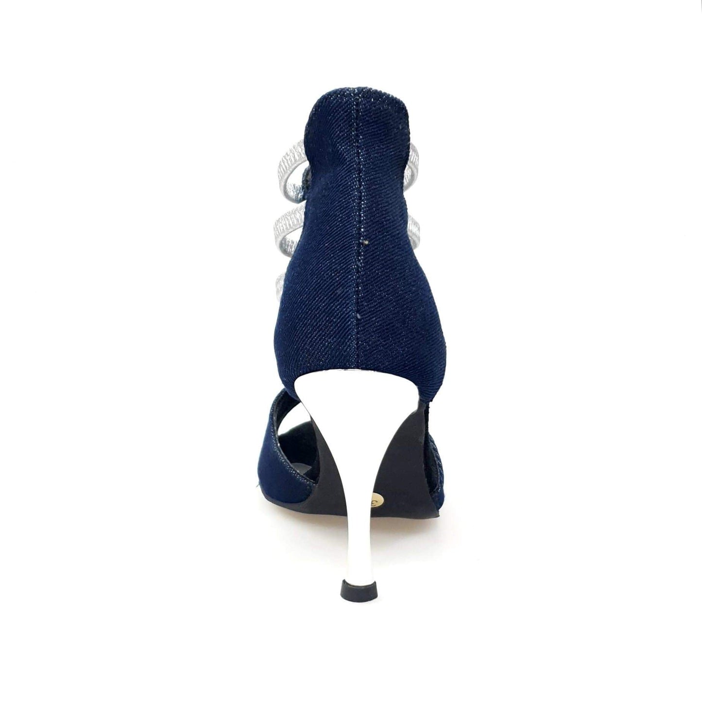 Sandalo da donna West Blu in tessuto jeans blu con elastici argento e tacco a spillo laminato argento, scarpa Wish Dance Shop