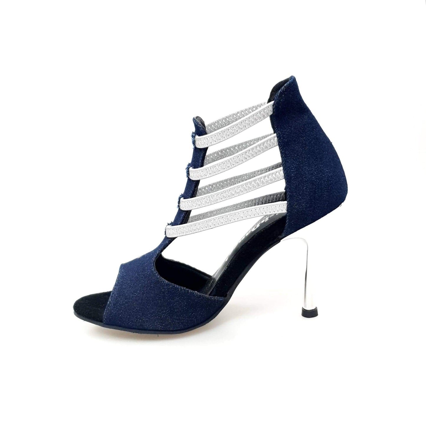 Sandalo donna West Blu in tessuto jeans blu con elastici argentati e tacco a spillo laminato argento, scarpa elegante Wish Dance Shop