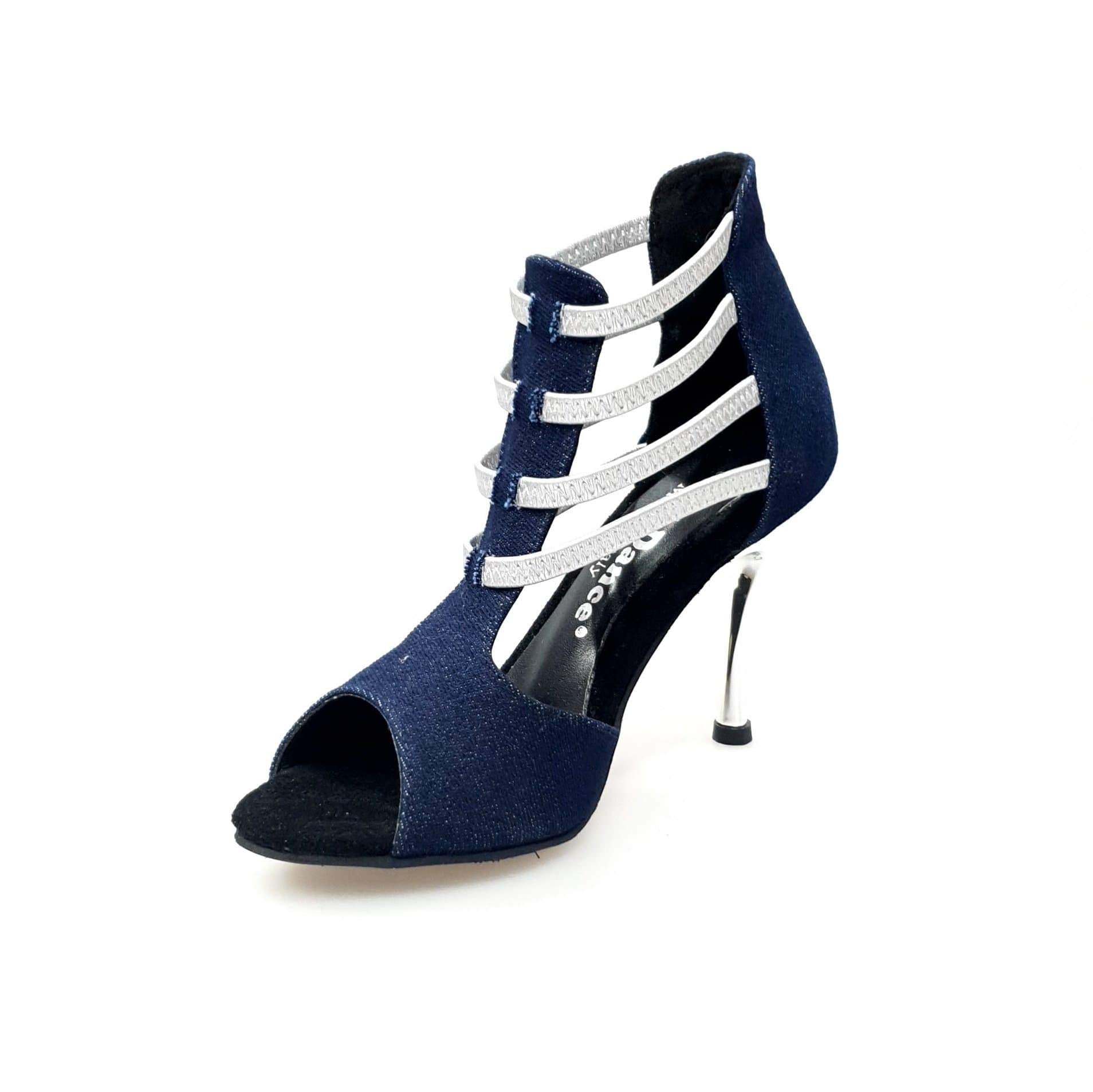 Sandalo donna West Blu in tessuto jeans blu con elastici argento e tacco a spillo laminato argento, scarpa Wish Dance Shop