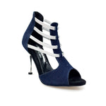 Load image into Gallery viewer, West Blu (460PW) - Woman&#39;s Sandal in Blue Jeans Fabric with Silver Elastics and Silver laminated stiletto heel

